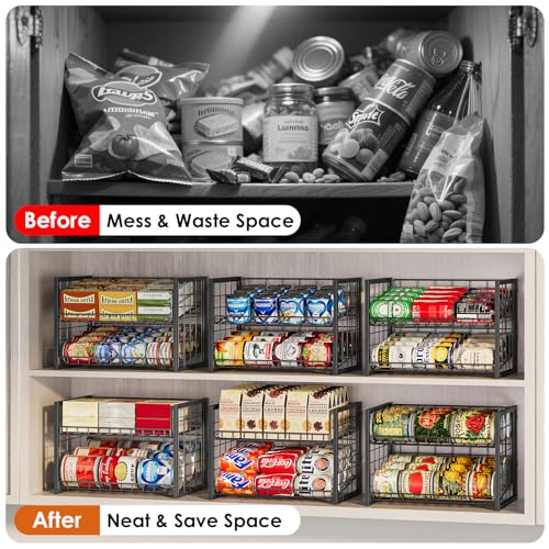 X-cosrack 2 Packs Stackable Can Rack Organizer for Pantry, 2-Tier Sturdy Adjustable Pantry Can Storage Organizer for Canned Food Can Goods, Kitchen Can Dispenser Holder for Soda Drinks Snack, Black