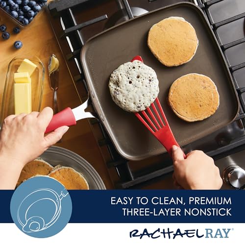 Rachael Ray Cook + Create Nonstick Stovetop Griddle/Grill Pan, Square, 11 Inch, Red