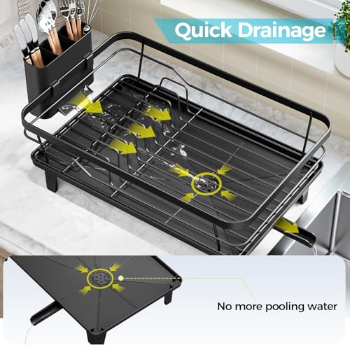 Urackify Dish Drying Rack for Kitchen Counter, Sink Dish Rack with Drainboard 12.2" W x 16.5" L, Large Dish Drainer with Cutlery Holder, Home Countertop Plate Dryer Storage Rack, Black