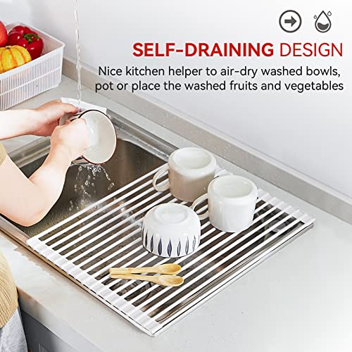 MERRYBOX Roll Up Dish Drying Rack Silicone Wrapped Over The Sink Dish Rack Foldable Dish Drainer Anti-Slip Dish Racks for Kitchen Counter, Multipurpose Kitchen Sink Drying Rack, 20.5" x 13", White