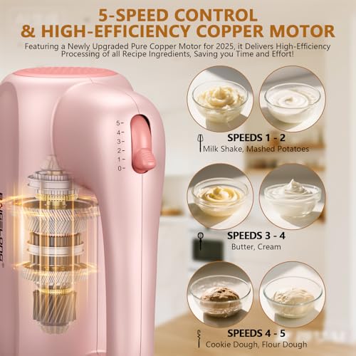 BAIGELONG Hand Electric Mixer, 5-Speed KitchenMixer with 5 * 304 Stainless Steel Attachments + Storage Base, Food Handheld Mixer for Baking, Whipping Cream, Cake Mixing, Pink
