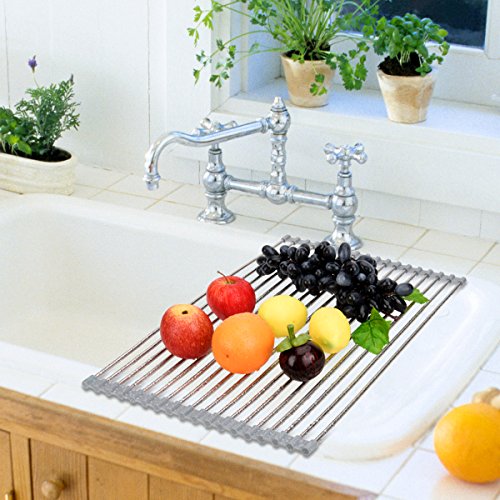 Hhyn Roll-Up Sink Drying Rack 17.7"(L) x 13.8"(W) - Multipurpose Heat Resistant Over The Stainless Steel & Silicone Dish Rollable Kitchen Drainer, Gray