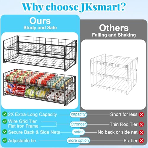 JKsmart 2-Tier Stackable Can Rack Organizer for Pantry Shelf, Extra-Long Can Holder for Kitchen Organization,Heavy Duty Can Dispenser for Canned Food Soup Goods up to 54 in Cabinet Storage, Black