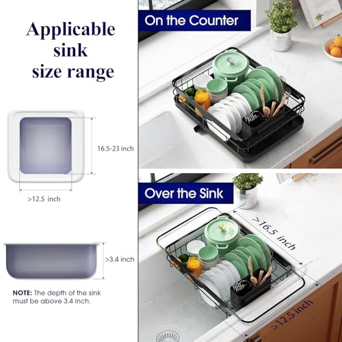 Kitsure Dish Drying Rack for Kitchen Counter, 12.2''W x 15.7''~23''L, Black