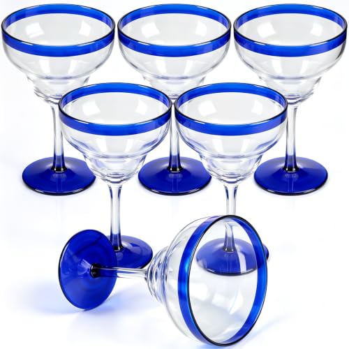 Vesici 6 Pcs Mexican Hand Blown Glass 16oz Large Cobalt Blue Rim Hand Blown Margarita Glasses Stemmed Cocktail Glasses, Authentic Artisan Crafted for Frozen Margaritas, Daiquiris & Parties