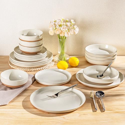 AmorArc Ceramic Dinnerware Sets with Pasta Bowls for 6, Handpainted Plates and Bowls Set with Rustic Terracotta Underside, Scratch Resistant Dishes Set, Dishwasher & Microwave Safe, 24 Pcs