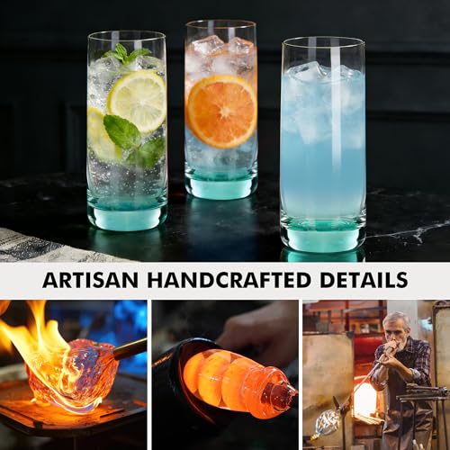 GLAZVIA Green Highball Glasses Set of 6,13oz Drinking Glass Cups for Mixed Drink Cocktail, Beer, Mojito, Water and Juice,Thick Tall Crystal Glassware for Kitchen, Restaurant, Home Bar and Parties