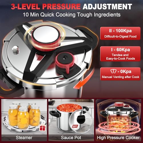 3-In-1 Stainless Steel Pressure Cooker 8 QT: [Save 70% Time] [3 PSI Settings], One-Hand Locking Pressure Canner, Induction Compatible, Glass Lid & Steamer Rack Included, Olla de Presion
