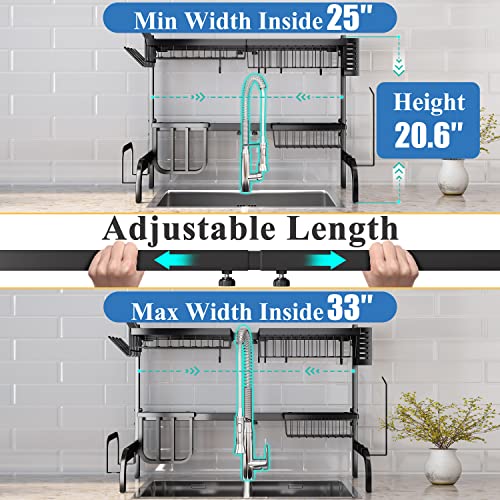 SAYZH Over the Sink Dish Drying Rack, Adjustable (25.5 to 33.5 inch) 2 Tier Metal Steel Dish Drying Racks for Kitchen Counter with Hooks Paper Towel Utensil Cup Holder Sink Caddy (Black)
