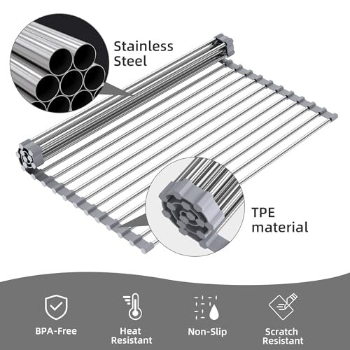 Sooseuo Roll Up Dish Drying Rack Over Sink, 17" x 15.7", Stainless Steel with Non-Slip Silicone Ends, Gray