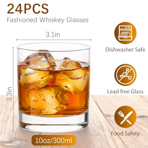 SUN GKOTTA 24PCS Old Fashioned Glass Set Bulk,10OZ Drinking Glasses,Heavy Base Rocks Glasses Set, Elegant Whiskey Glasses Bulk for Bourbon, water,Coffee,Cocktails and More