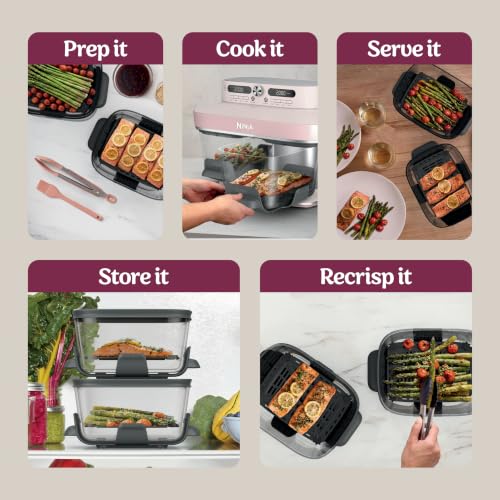 Ninja Crispi DualZone 6-in-1 Glass Air Fryer | With Nontoxic, 2x 4qt Containers & Lids | Microwave, Freezer, Dishwasher Safe | 450°F Max Temp | 1785 Watt | Rose Quartz | DD101PK1