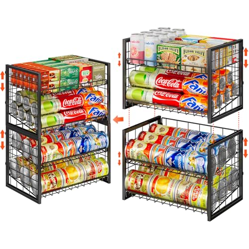 X-cosrack 2 Packs Stackable Can Rack Organizer for Pantry, 2-Tier Sturdy Adjustable Pantry Can Storage Organizer for Canned Food Can Goods, Kitchen Can Dispenser Holder for Soda Drinks Snack, Black