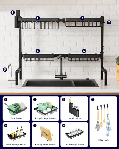 Kitsure Over The Sink Dish Drying Rack - 26.8" to 33.9"x21.5", Adjustable Sink Drying Rack for Kitchen Sink with Large Capacity, 2-Tier Dish Rack Over Sink with Multifunctional Baskets, Black