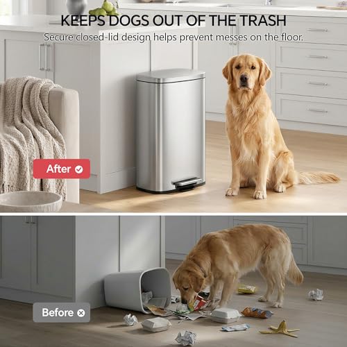 ZABINS 13 Gallon Trash Can (50L) and 1.6 Gallon (6L) Kitchen Trash Can Combo Set, Stainless Steel Garbage Can with Lid and Step-on Pedal, Soft Close Waste Bin with Inner Bucket for Home & Office