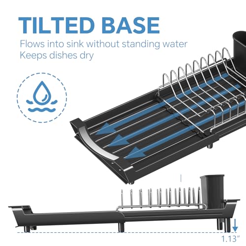 Simple Trending Small Dish Drying Rack, Compact Expandable Dish Rack with Cutlery Holder, Sink Dish Drainer for Kitchen Countertop, Black