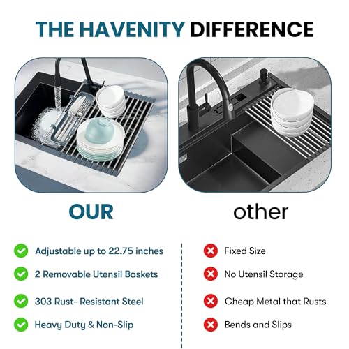 Havenity™ Expandable Roll Up Dish Drying Rack with Drying Mat - Adjustable Up to 22.75" with 2 Free Attachments & 2 Removable Baskets, 304 Stainless Steel Over The Sink Dish Drying Rack Cover Kitchen