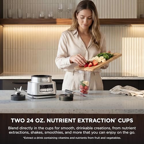 Ninja Foodi Personal Blender | Smoothie Bowl Maker with Storage Lid, Nutrient Extractor and Mixer | 1200-Peak-Watt smartTORQUE Motor | Hybrid Edge Blades, (2) 24-oz. Cups | Silver | SS101