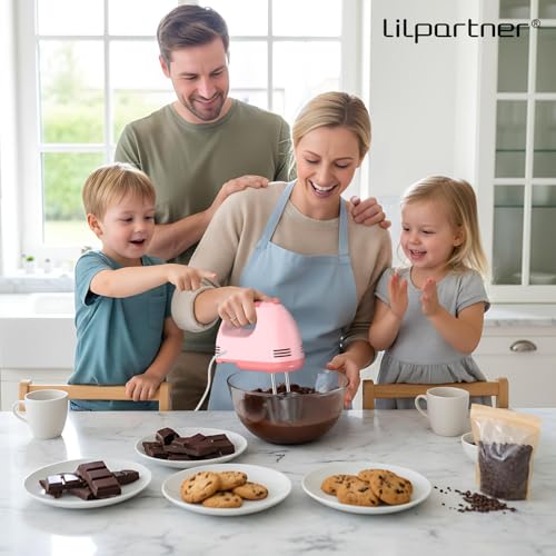 LILPARTNER Hand Mixer Electric, Ultra Power Kitchen Hand Mixer With 7-Speed & 5 Stainless Steel Accessories for Whipping Dough, Cream, Cake, Dishwasher Safe, Light Pink
