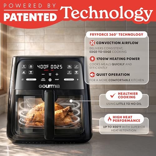 Gourmia 8 Qt Air Fryer, 8 Presets with Digital Display, FryForce 360° Technology, Easy View Window & Interior Light, Dishwasher Safe Basket, Black