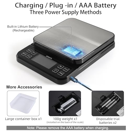 BOMATA Large Kitchen Scale with 0.1g/0.001oz High Precision, 5kg/11lb Bakery Scale with% Percentage Function, USB Rechargeable, Full-View Angle LCD with Backlight, Stainless Steel Pan