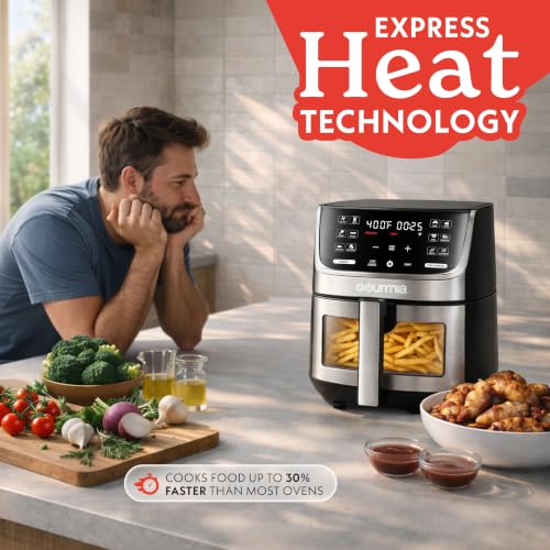 Gourmia Air Fryer - 7 Qt Large Capacity with LED Display, 12 One-Touch Presets, FryForce 360° Technology, Nonstick Dishwasher-Safe Basket & Crisper Tray, Stainless Steel