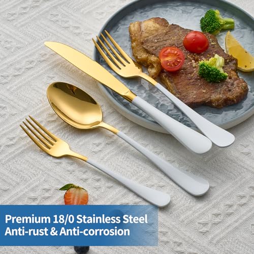 Moxinox 20-Piece White & Gold Silverware Set, 18/0 Stainless Steel Colorful Handle Flatware Set,Service for 4,Modern Cutlery Set Includes Dinner Knives Forks Spoons,Mirror Polished,Dishwasher Safe