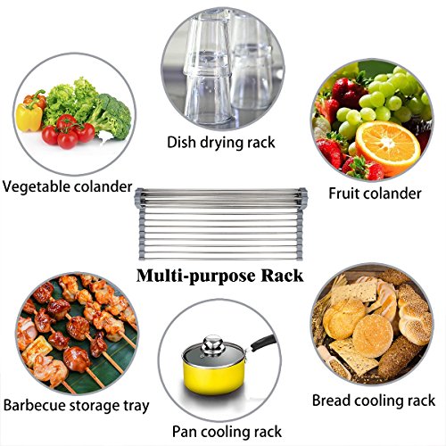 Hhyn Roll-Up Sink Drying Rack 17.7"(L) x 13.8"(W) - Multipurpose Heat Resistant Over The Stainless Steel & Silicone Dish Rollable Kitchen Drainer, Gray