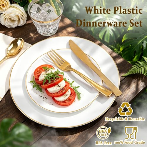 Festiva 350Pcs Gold Plastic Plates - White and Gold Dinnerware Set Disposable include 10" & 7" Plates,Cups,Silverware,Napkins -serve 50 Guests Perfect for Wedding& Easter&Birthday Party