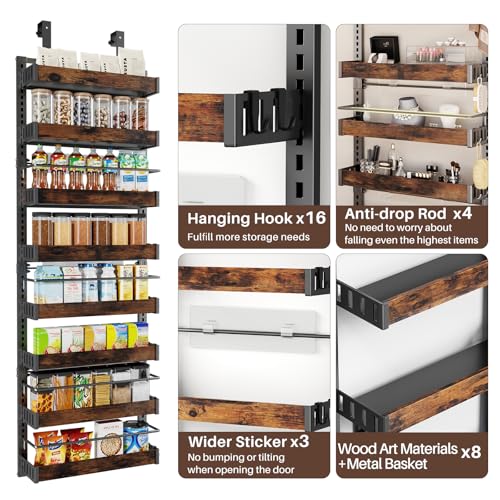 8 Tier Over The Door Pantry Organizer, 2 IN 1 Wall Mount or Metal Hanging Spice Rack for Pantry Organizers and Storage, Seasoning Shelves，Adjustable Basket with Hooks for Kitchen Cabinet and Closet
