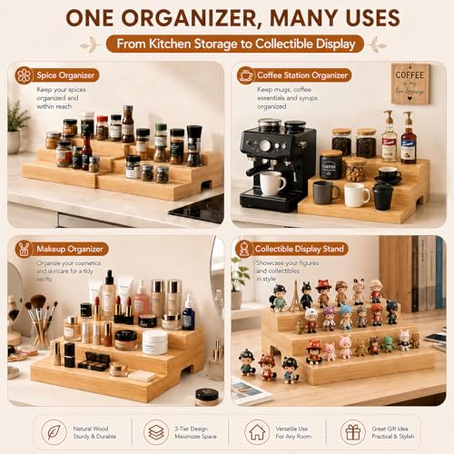 D-werack Expandable 3-Tier Wooden Can Organizer for Pantry, Adjustable Shelf Holds 24 Cans, Storage Rack for Cabinet & Countertop, Space Saving Pantry Organizer for Small Kitchens and Apartments