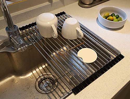 SHUYUE Roll up Dish Drying Rack Over The Sink Portable Stainless Still Rolling Rack Folding Mat for Kitchen Counter (Black, 17.7''LX11.8''W)