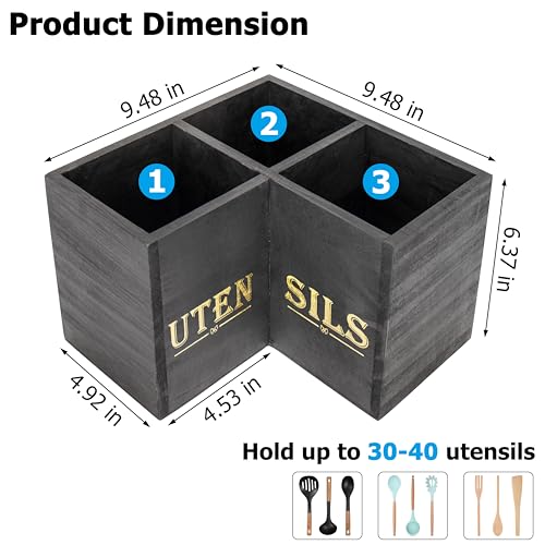 RedCall Kitchen Utensils Holder,Extra Large 3 Compartments Corner Utensil Caddy for Countertop,Wooden Farmhouse Utensil Organizer