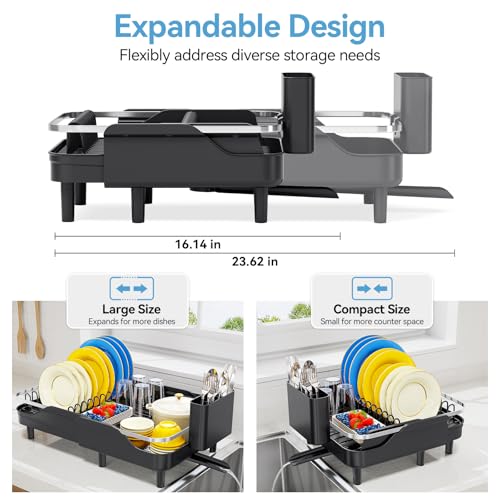 Urackify Dish Drying Rack for Kitchen Counter, Expandable Stainless Steel Dish Racks with Adjustable Water Spout, Space Saving Dish Drainer with Cutlery Holder,16.14"-23.62" L x 12.99" x 8.78",Black