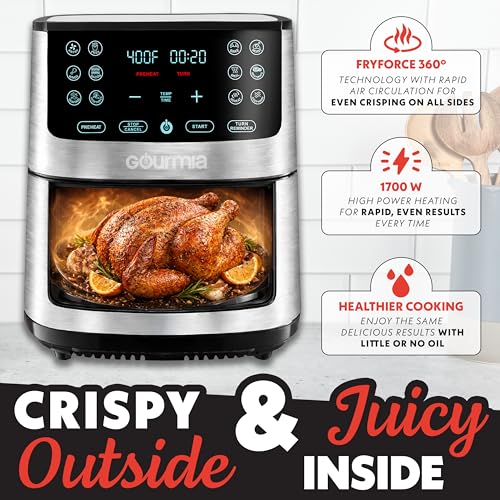 Gourmia Air Fryer Oven Digital Display 8 Quart Large AirFryer Cooker 12 Touch Cooking Presets, XL Air Fryer Basket 1700w Power Multifunction GAF838 Black and stainless steel air fryer