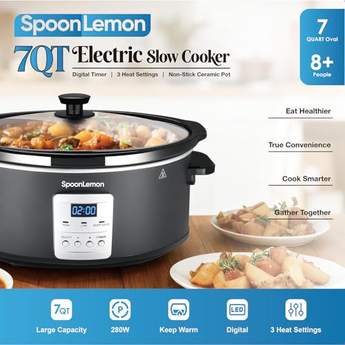 SpoonLemon 7QT Electric Slow Cooker with Digital Timer, 20H Programmable & 3 Heat Settings, Oval Ceramic Pot, Large Capacity for Family Dinner, Meal Prep, Compatible with 30 pcs 13"x21" Cooking Liners