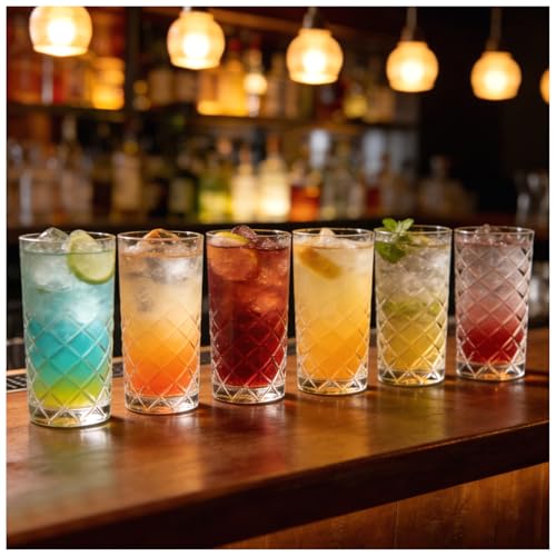 Vitrignis Crystal Highball Glasses Set Of 6-14 Ounce Diamond Cut Tom Collins Glasses - Textured Designer Glassware For Whiskey,Drinks, Water, Beer, Soda