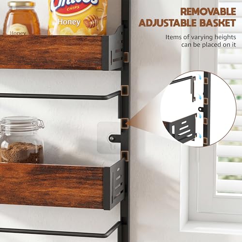 Over The Door Pantry Organizer, 8 Tier Spice Rack with Adjustable Wooden Basket, 2 IN 1 Wall Mount or Hanging Seasoning Organizer, Heavy-Duty Pantry Door Storage Shelf for Kitchen, Laundry Room