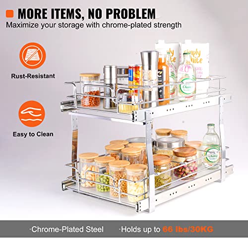 VEVOR Pull Out Cabinet Organizer, 14" Wx21.2 Dx15.2 H Heavy 2 Tier Duty Slide Out Pantry Shelves, Chrome-Plated Steel Roll Out Drawer for Under Sink, 15.5" Wx22.5 Dx19 H Install Size for Cabinet