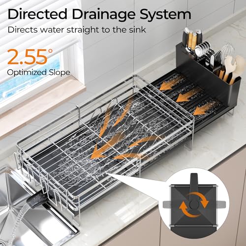 Delamu Stainless Steel Dish Drying Rack, Expandable Dish Drainer, Anti-Rust Large Dish Racks for Kitchen Counter, Dish Strainers with Drainboard, Utensil & Cup Holder, 13.4"-28.7" L x 11.8" W, Silver