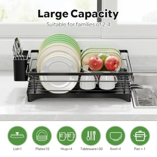 Simple Trending Dish Drying Rack, Space-Saving Dish Rack for Kitchen Counter, Stainless Steel Dish Drainer with Cutlery Holder and Drainboard, 12''W x 17''L, Black