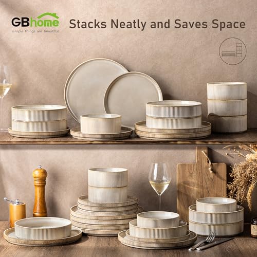GBHOME 12-Piece Stoneware Dinnerware Set for 4 – Ribbed Ceramic Plates and Bowls, Scratch-Resistant, Microwave & Dishwasher Safe, Reactive Glaze, Cappuccino
