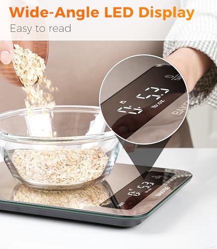 BakFee 100% Waterproof Food Scale, IP67 Digital Kitchen Scale, Rechargeable (USB-C), 0.1oz/1g Precision, 22lb Capacity, Stainless Steel & Tempered Glass, for Cooking, Making Sourdough Bread, Black