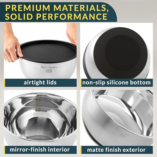 Baker's Signature Stainless Steel Mixing Bowls with Lids Set, 5 Sizes, 3 Graters, Non-Slip Base, Airtight Lids, Metal Mixing Bowls for Kitchen, Food Prep, Storage, 0.63QT-5QT, Black