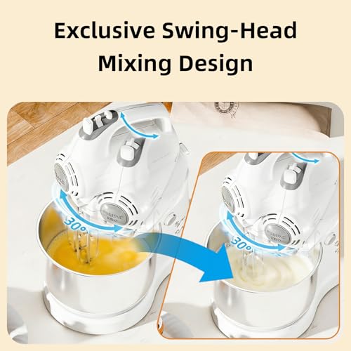 Vikaluz 3.2QT 2-in-1 Stand Mixer, Electric Kitchen Mixer with Auto-Rotating Bowl & Tilt-Head, 5-Speed 250W Turbo Baking Machine for Beginners with Beater & Dough Hook for Cookie, Bread, Cake (White)