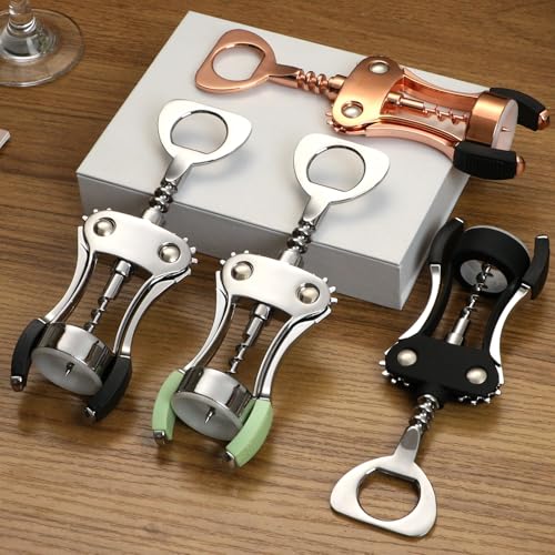 KORCCI Wine Opener, Heavy-Duty Zinc Alloy Wing Corkscrew, Premium Beer Bottle Opener, Multifunctional Wine Accessories with Ergonomic Handle and Sharp Screw, for Kitchen, Bar, Restaurant (SILVER)