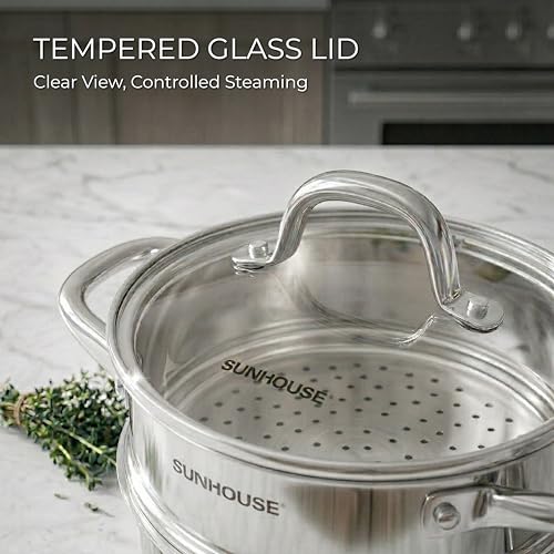 SUNHOUSE 2 QT Stainless Steel Saucepan with Lid and Steamer Basket Insert