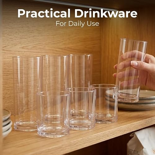 Zulay Kitchen Plastic Drinking Glasses (Set of 8) – Mixed 16oz & 12oz Acrylic Shatterproof Cups for Home, Kitchen & Outdoors – Crystal Clear Glass Look – BPA & Lead-Free – Top-Rack Dishwasher Safe