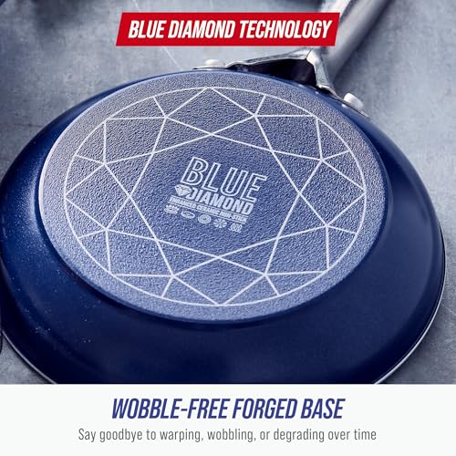 Blue Diamond 10" Nonstick Frying Pan Skillet, Diamond Infused PFAS-Free Ceramic Pot, Dishwasher & Oven Safe, Stay Cool Handle, Durable Non Toxic Metal Utensil Safe, Egg & Omelet Pan, Blue