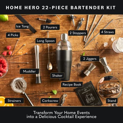 Home Hero Bartender Kit - 22-Piece Cocktail Shaker & Bar Tool Set - Wooden Stand Display & Bar Cart Accessories - Recipe Book & Housewarming Gifts - 22-Pc, Silver